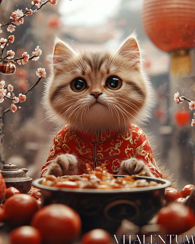 AI ART Festive Kitten Among Blossoms and Lanterns