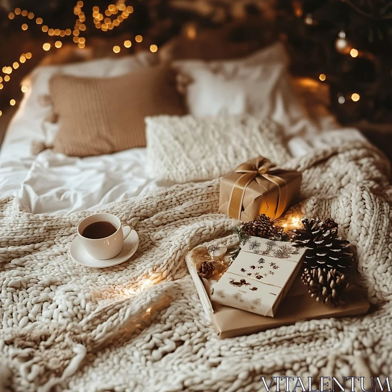 Festive Bed with Knit Blanket and Holiday Decor AI Image