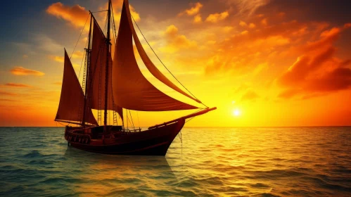 Captivating Sunset: Old Sailing Ship on the Ocean in 32k UHD
