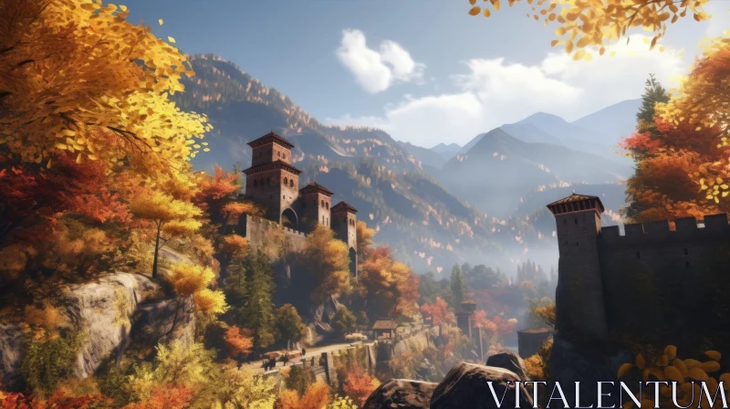Castle and Trees in Majestic Autumn Mountains - A Captivating Image AI Image