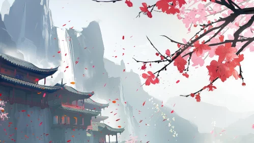 Chinese Landscape Painting with Mountain and Cherry Blossoms