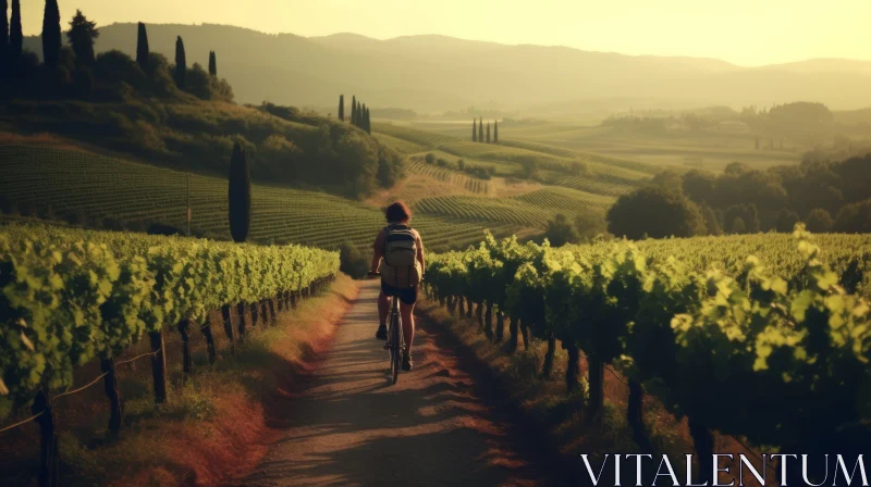 Cyclist Riding a Bike Through Vineyard Fields in Tuscany - Atmospheric and Romantic Artwork AI Image