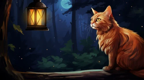 Enchanting Cat in Forest Night Scene