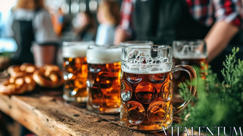 Four Beer Mugs on Wooden Table: A Delightful Still Life Composition AI Image