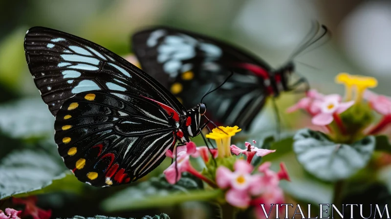 Graceful Black and Red Butterflies on a Pink and White Flower AI Image
