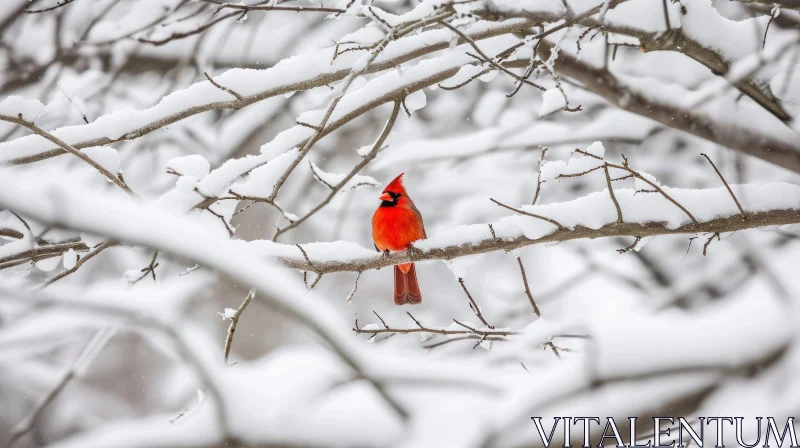 Male Northern Cardinal on Snow-Covered Branch AI Image