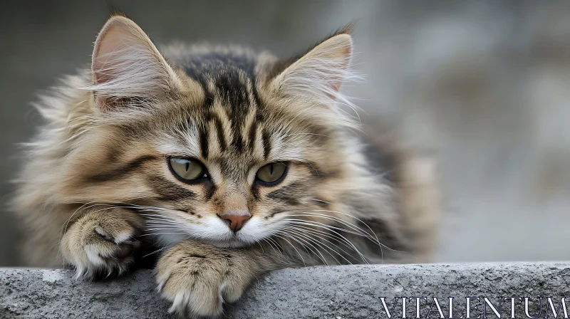 Fluffy Cat Resting with Green Eyes AI Image