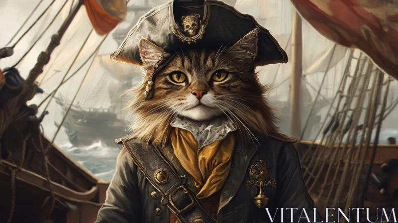 Cat Dressed as a Pirate on a Sailing Ship AI Image