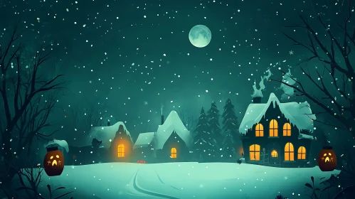 Mystical Winter Night in a Snow-Covered Village