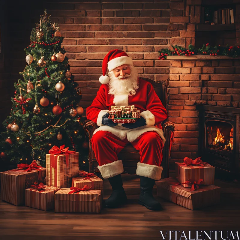 Cozy Holiday Moment with Santa and Decorated Tree AI Image