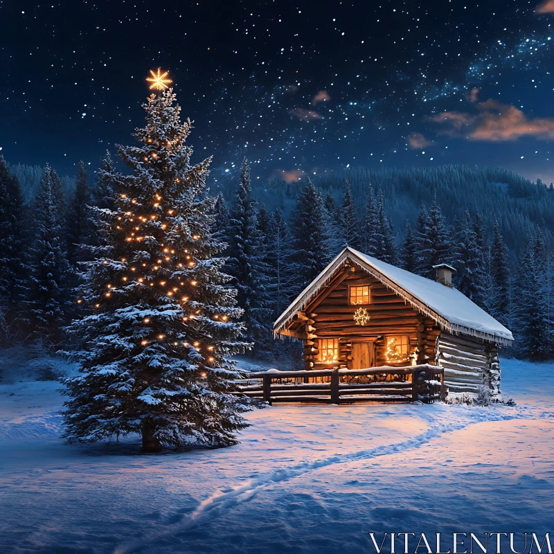 Festive Wooden Cabin in Winter Wonderland AI Image