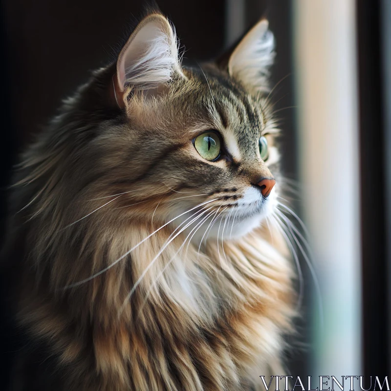 Serene Fluffy Cat Gazing Out of Window AI Image