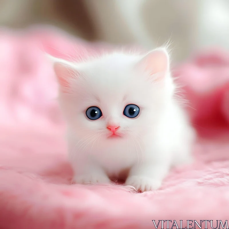 Cute Kitten with Blue Eyes Resting on Blanket AI Image