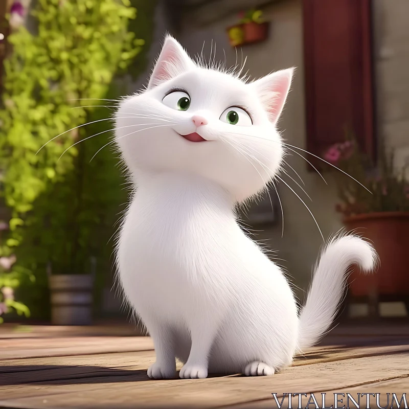 Cute Animated White Cat with Green Eyes AI Image