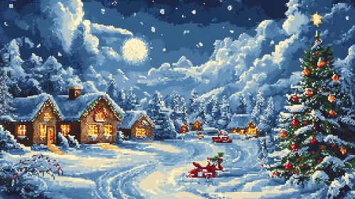 Snowy Winter Wonderland with Charming Cabins and Decorated Christmas Tree