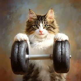 Strong Fluffy Cat with Dumbbell