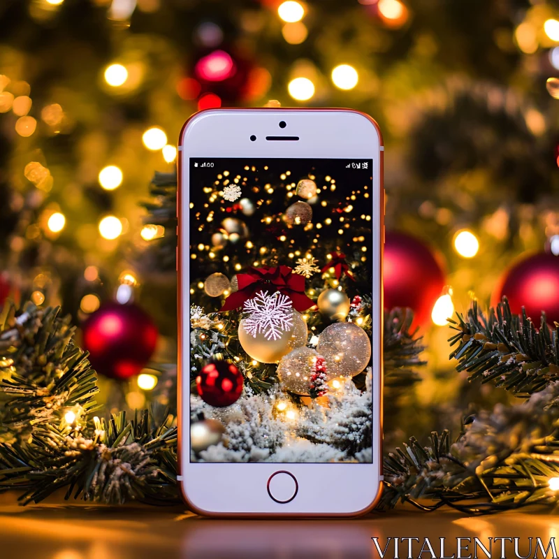 Christmas Ornaments on Smartphone Screen in Holiday Setting AI Image