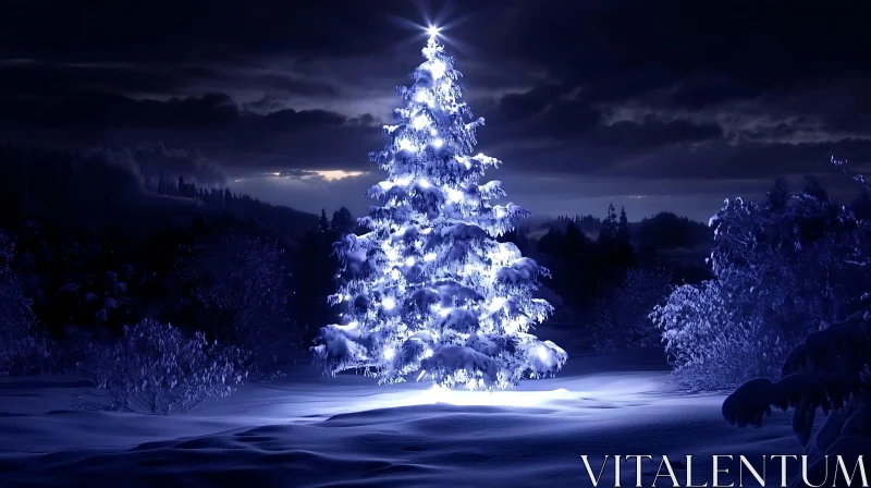 Winter Night with Glowing Christmas Tree AI Image