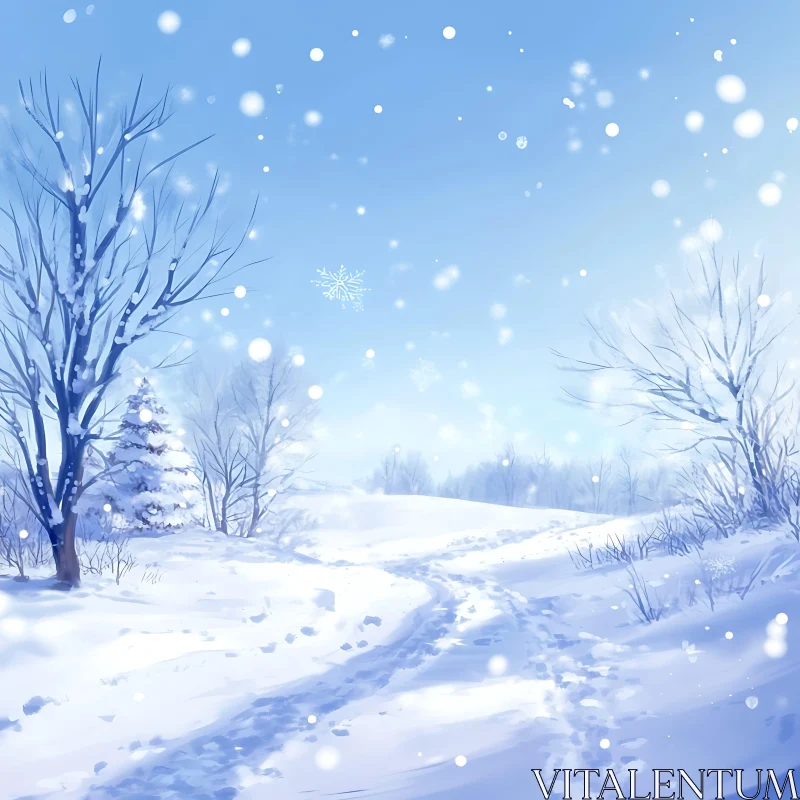 Peaceful Snowy Scene with Falling Snowflakes AI Image