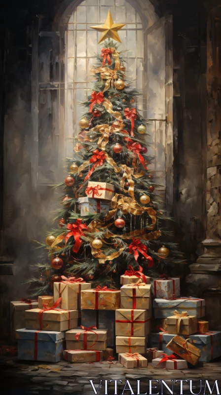 AI ART Festive Christmas Tree Adorned with Ornaments and Gifts