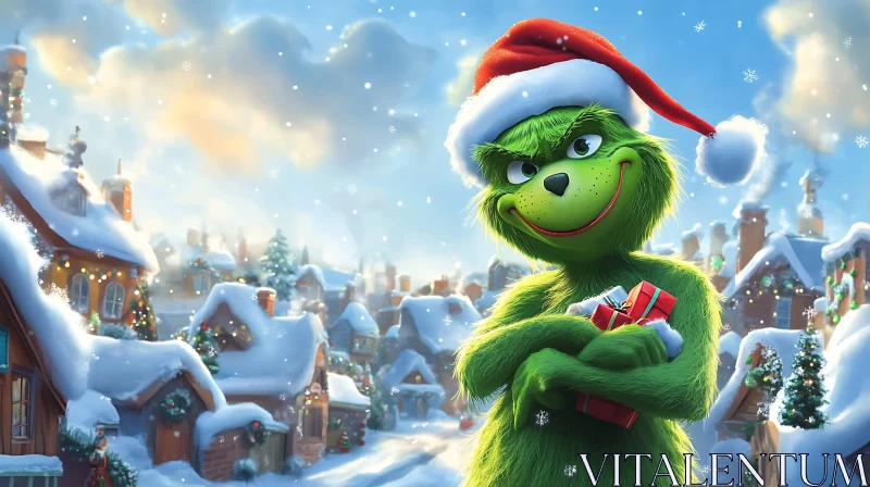 Grinch Celebrating Christmas in a Snowy Village AI Image