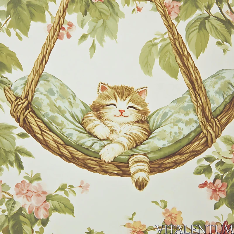 Cute Kitten Relaxing in Floral Hammock Scene AI Image