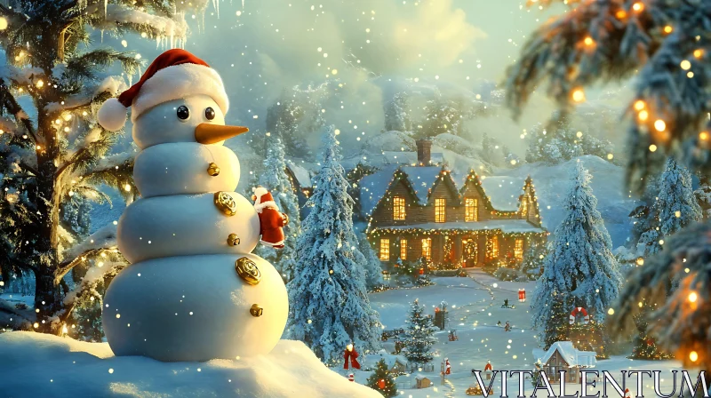 Magical Snowy Holiday Landscape with Snowman AI Image