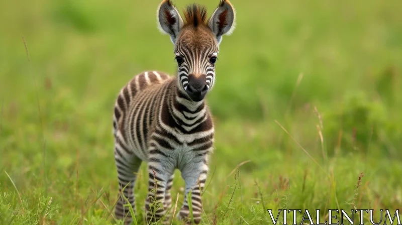 Baby Zebra Portrait in Green Field AI Image