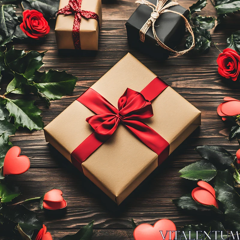 Elegant Gift Wrapping with Floral and Heart Decorations AI Image