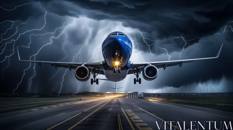 AI ART Blue Airplane Takeoff in Thunderstorm