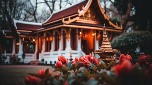 Blurred Pagoda Amongst Red Tulips: A Captivating Image of Thai Artistry