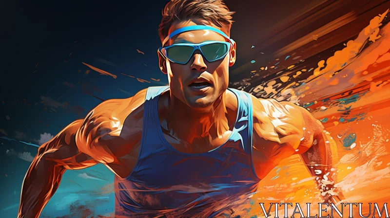 AI ART Determined Man Running in Blue Tank Top and Sunglasses