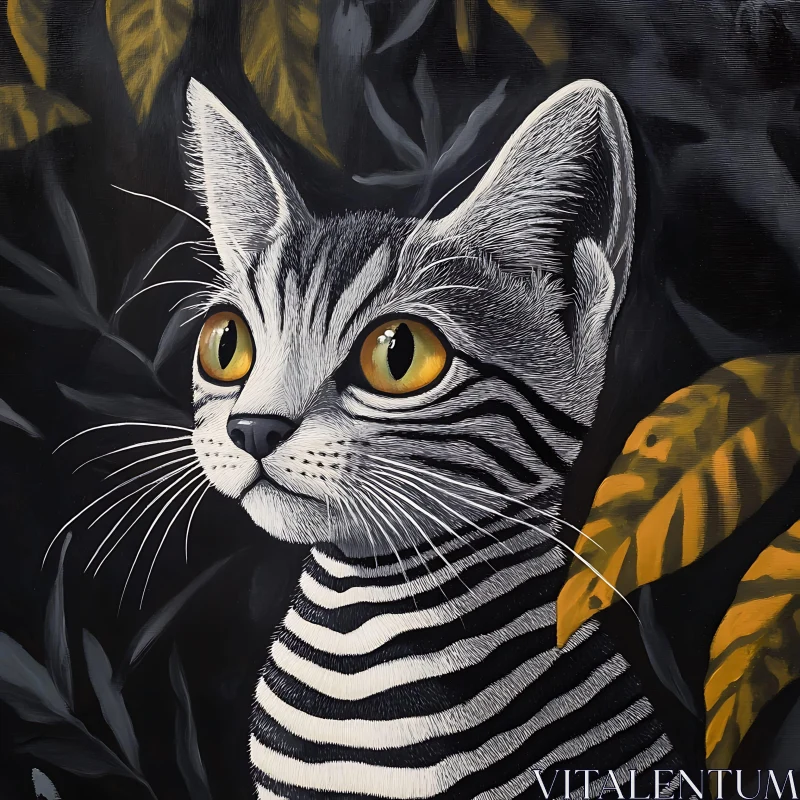 Expressive Yellow-eyed Cat Amidst Dark Foliage AI Image