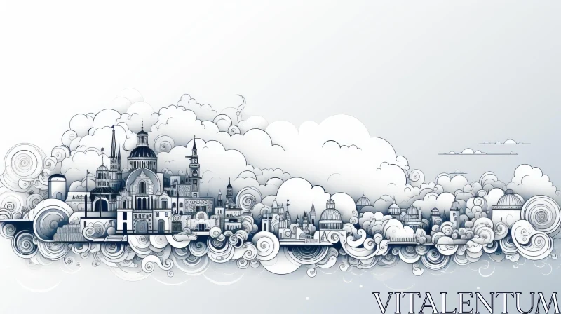 Intricate Cityscape Illustration with Atmospheric Clouds AI Image