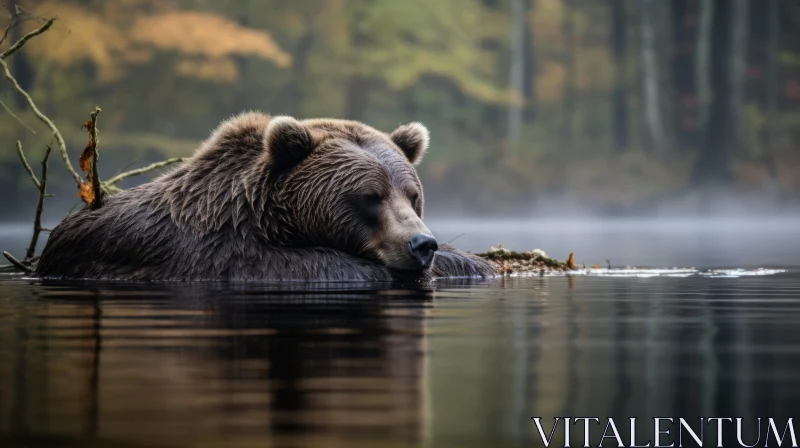 Pensive Brown Bear in Misty Forest Lake - Serene Solitude in Nature AI Image