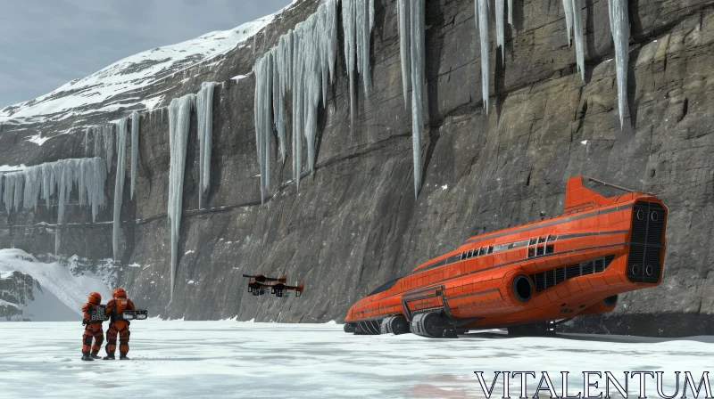 AI ART Red Spacecraft near People on Icy Field | Daz3D, Dieselpunk Style
