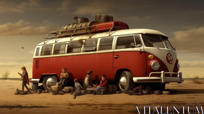 Red VW Bus with Children Sitting on Top AI Image
