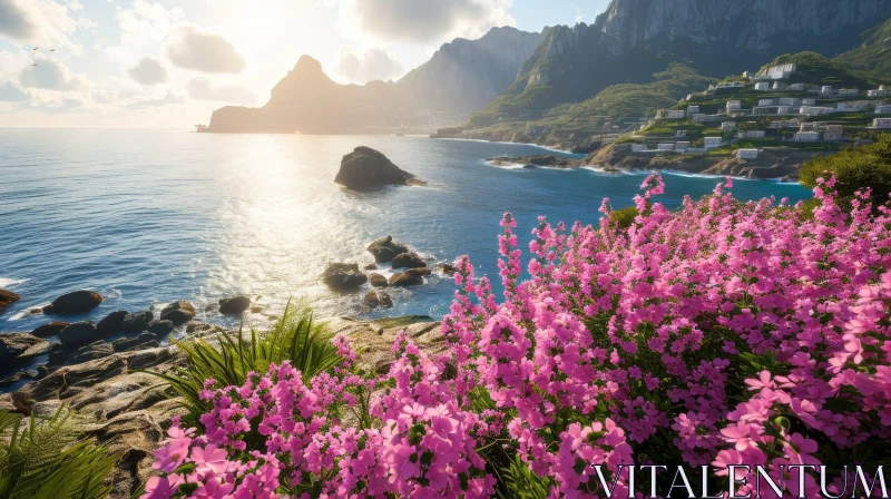 Serene Coastal Landscape with Pink Flowers and Snow-Covered Mountains AI Image