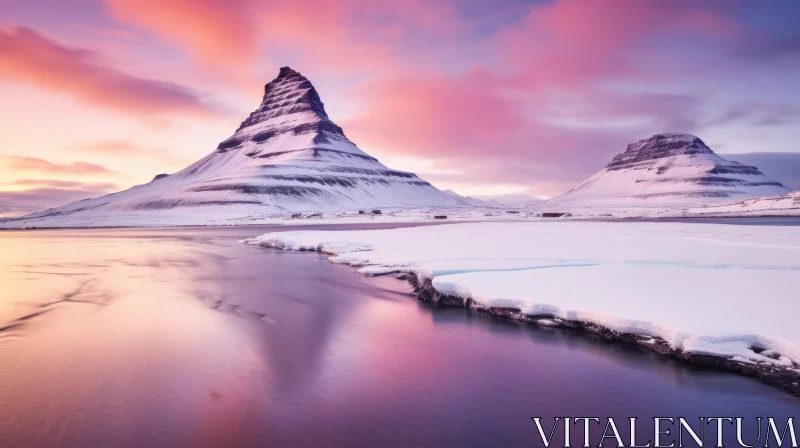 Spectacular Sunset in Iceland: Snow-Covered Mountains and Calm Waters AI Image