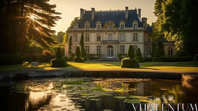 AI ART Sunrise Over French Mansion with Pond - Sustainable Architecture
