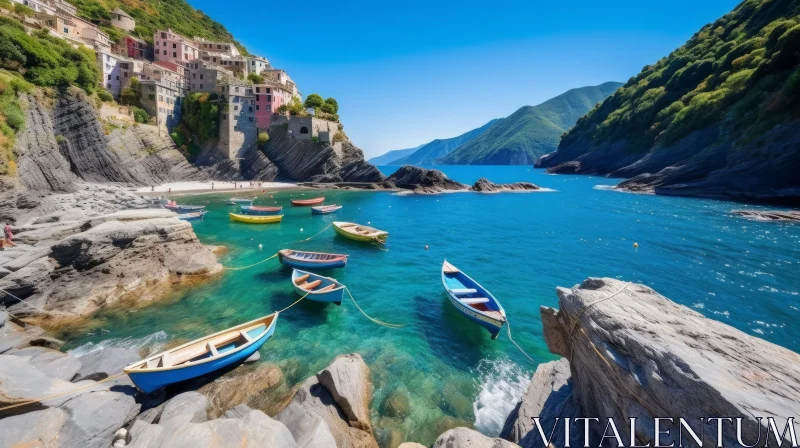 Tranquil Beach Scene with Colorful Houses and Rowboats AI Image