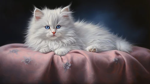 White Fluffy Kitten Painting on Pink Cloth