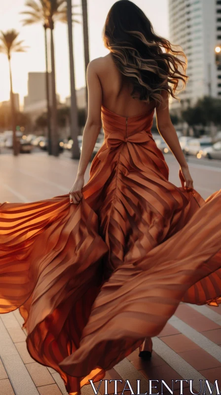 Woman in Orange Dress on City Sidewalk - Artistic Representation AI Image