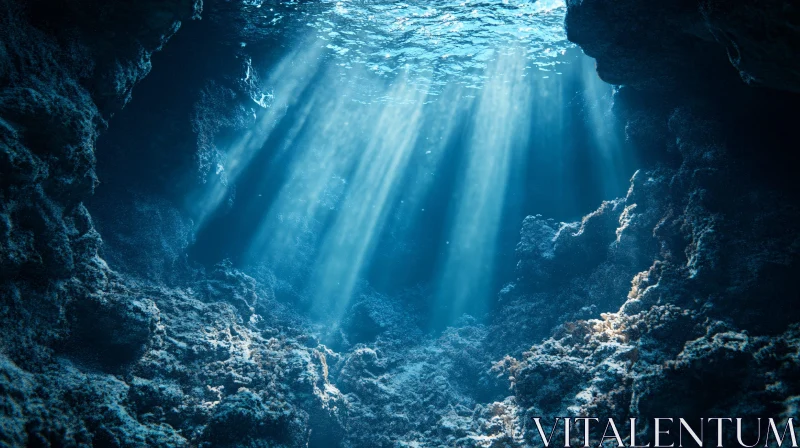 Sunlit Underwater Cave with Rocky Textures AI Image