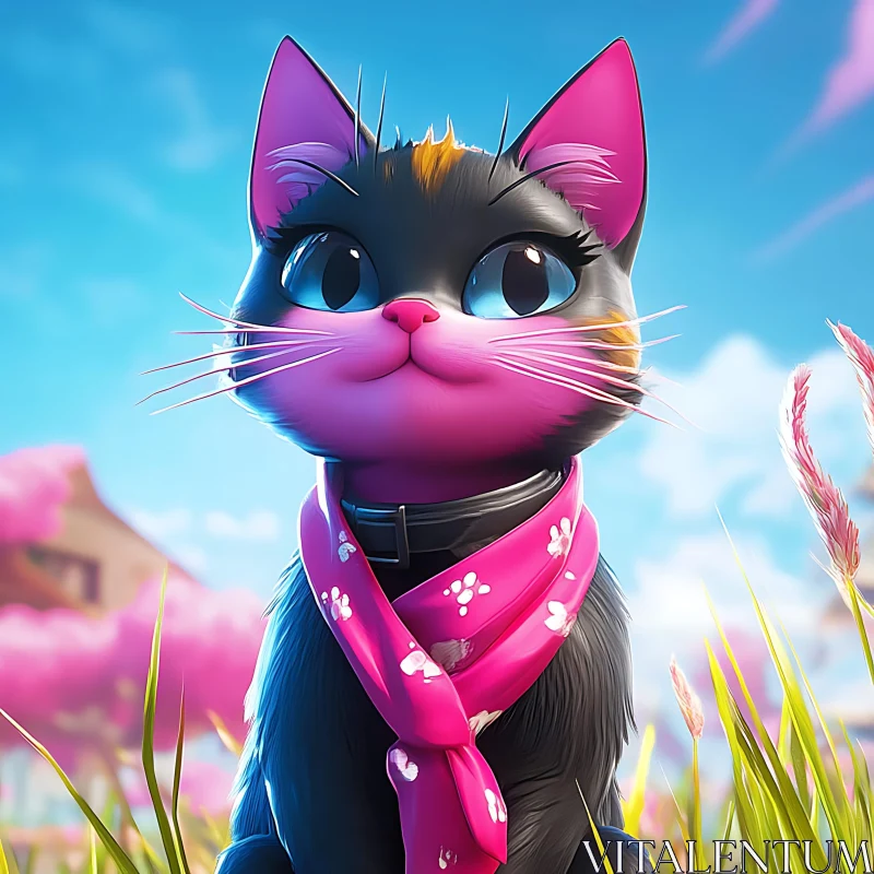 Charming Cat Wearing Pink Scarf in Scenic Landscape AI Image