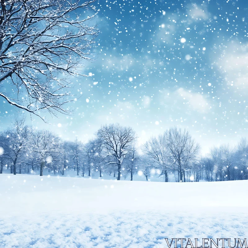 Serene Winter Landscape with Falling Snow AI Image