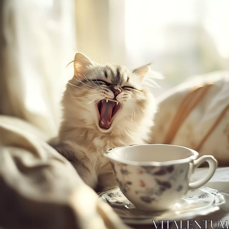 Morning Yawn: Cat and Teacup AI Image