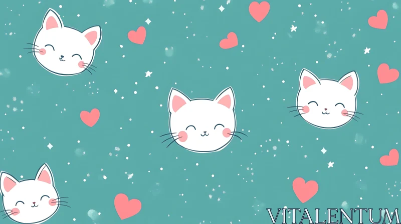 Playful Cat Faces and Hearts Illustration AI Image