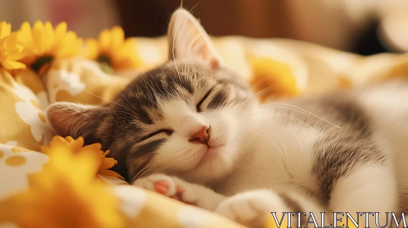 Sleeping Kitten Surrounded by Sunflowers AI Image