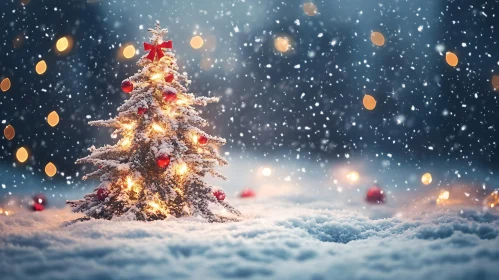 Festive Christmas Tree Surrounded by Snowfall